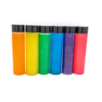 Six glitter calming bottles in pink, orange, yellow, green, blue, and purple with sparkly glitter