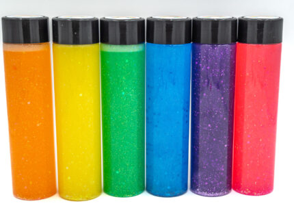 Six glitter calming bottles in pink, orange, yellow, green, blue, and purple with sparkly glitter