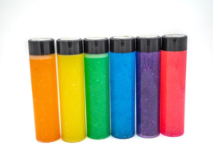 Six glitter calming bottles in pink, orange, yellow, green, blue, and purple with sparkly glitter
