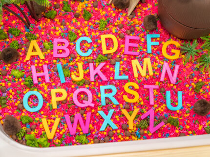 Chicka Chicka Alphabet Sensory Bin with colorful sensory filler, alphabet letters, coconut container, palm trees, pom-pom coconuts and wooden scoop