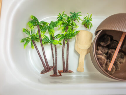Chicka Chicka Alphabet Sensory Bin with colorful sensory filler, alphabet letters, coconut container, palm trees, pom-pom coconuts and wooden scoop