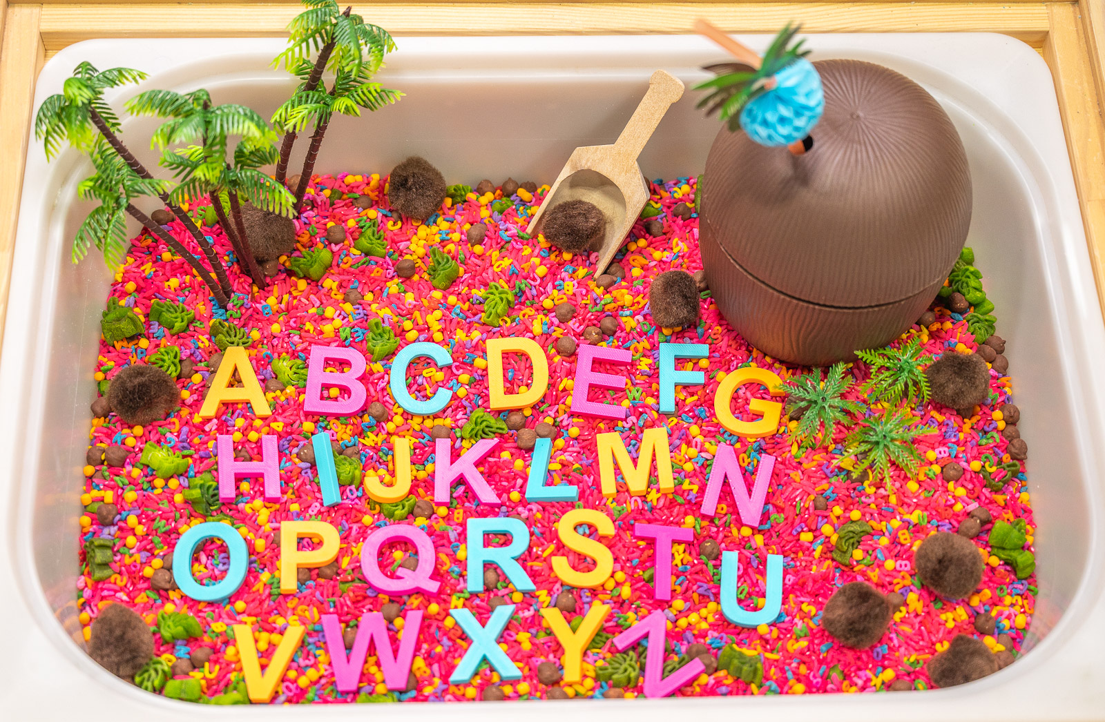 Chicka Chicka Alphabet Sensory Bin-2 Chicka Chicka Alphabet Sensory Bin with colorful sensory filler, alphabet letters, coconut container, palm trees, pom-pom coconuts and wooden scoop