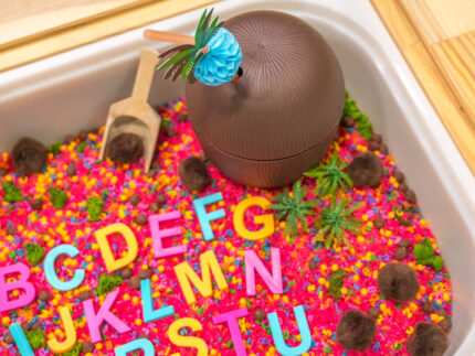 Chicka Chicka Alphabet Sensory Bin with colorful sensory filler, alphabet letters, coconut container, palm trees, pom-pom coconuts and wooden scoop