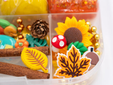 Deluxe Autumn Play-Doh Kit with four fall-colored dough balls, pumpkins, leaves, woodland pieces, gems and autumn accessories