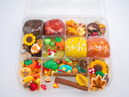 Deluxe Autumn Play-Doh Kit with four fall-colored dough balls, pumpkins, leaves, woodland pieces, gems and autumn accessories