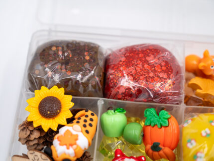 Deluxe Autumn Play-Doh Kit with four fall-colored dough balls, pumpkins, leaves, woodland pieces, gems and autumn accessories