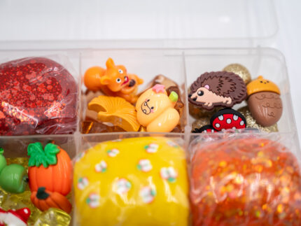 Deluxe Autumn Play-Doh Kit with four fall-colored dough balls, pumpkins, leaves, woodland pieces, gems and autumn accessories