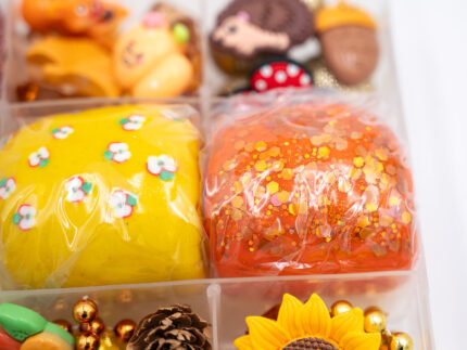 Deluxe Autumn Play-Doh Kit with four fall-colored dough balls, pumpkins, leaves, woodland pieces, gems and autumn accessories