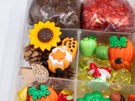 Deluxe Autumn Play-Doh Kit with four fall-colored dough balls, pumpkins, leaves, woodland pieces, gems and autumn accessories
