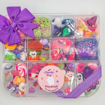 Deluxe Ghouly Pop Playdough Kit with pink, green, and purple playdough and cute ghost and candy charms in a clear case