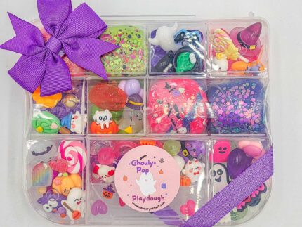 Deluxe Ghouly Pop Playdough Kit with pink, green, and purple playdough and cute ghost and candy charms in a clear case