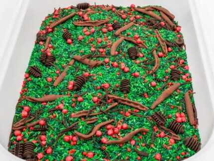 Holly Woods Sensory Filler with green rice, red berry-inspired accents, and brown woodland pieces for Christmas sensory play