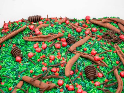 Holly Woods Sensory Filler with green rice, red berry-inspired accents, and brown woodland pieces for Christmas sensory play