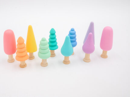 Pastel Wooden Trees set of 10 hand-painted small wooden trees in assorted colors and shapes for sensory and small-world play