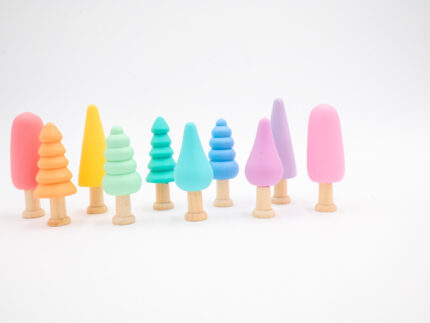 Pastel Wooden Trees set of 10 hand-painted small wooden trees in assorted colors and shapes for sensory and small-world play