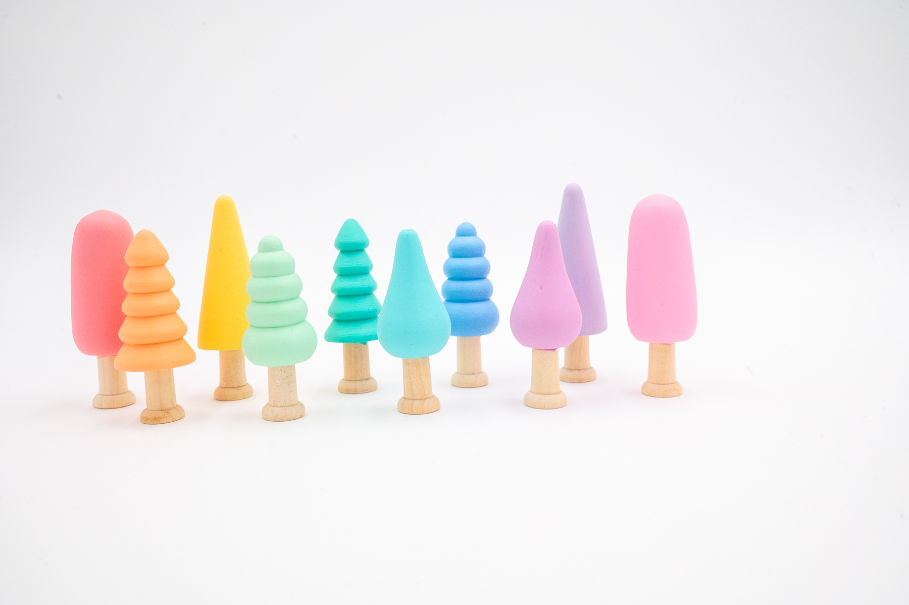 Pastel Wooden Trees-2 Pastel Wooden Trees set of 10 hand-painted small wooden trees in assorted colors and shapes for sensory and small-world play