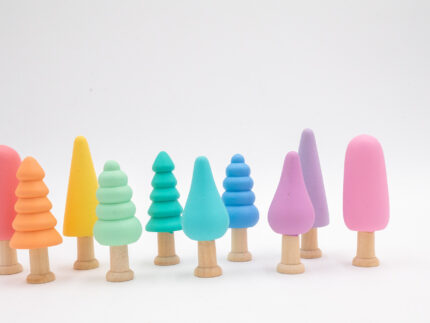 Pastel Wooden Trees set of 10 hand-painted small wooden trees in assorted colors and shapes for sensory and small-world play