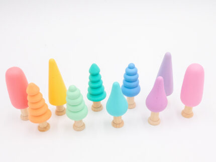 Pastel Wooden Trees set of 10 hand-painted small wooden trees in assorted colors and shapes for sensory and small-world play