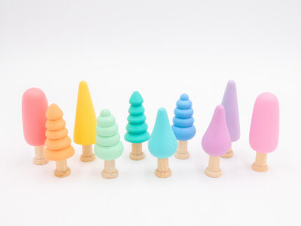 Pastel Wooden Trees set of 10 hand-painted small wooden trees in assorted colors and shapes for sensory and small-world play