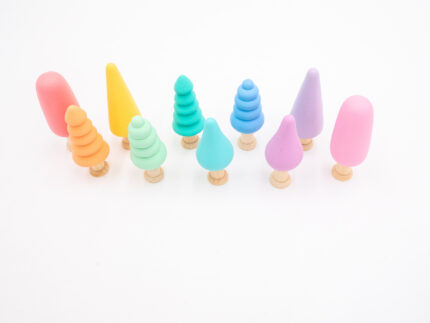 Pastel Wooden Trees set of 10 hand-painted small wooden trees in assorted colors and shapes for sensory and small-world play