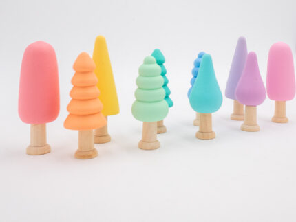 Pastel Wooden Trees set of 10 hand-painted small wooden trees in assorted colors and shapes for sensory and small-world play