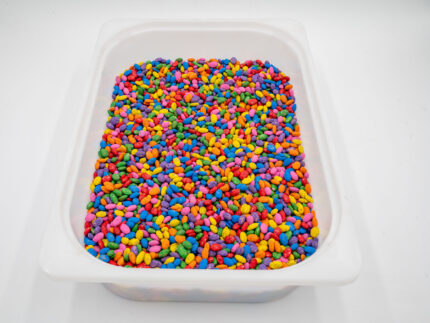 Rainbow Beans Sensory Filler with red, orange, yellow, green, blue, pink, and natural pinto beans for colorful sensory play