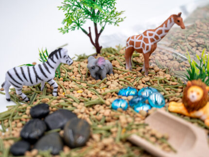 Safari Budget Bag with split peas, dyed pasta, lion, giraffe, elephant, zebra, tree, bushes, rocks, blue flat-back marbles, and wooden scoop