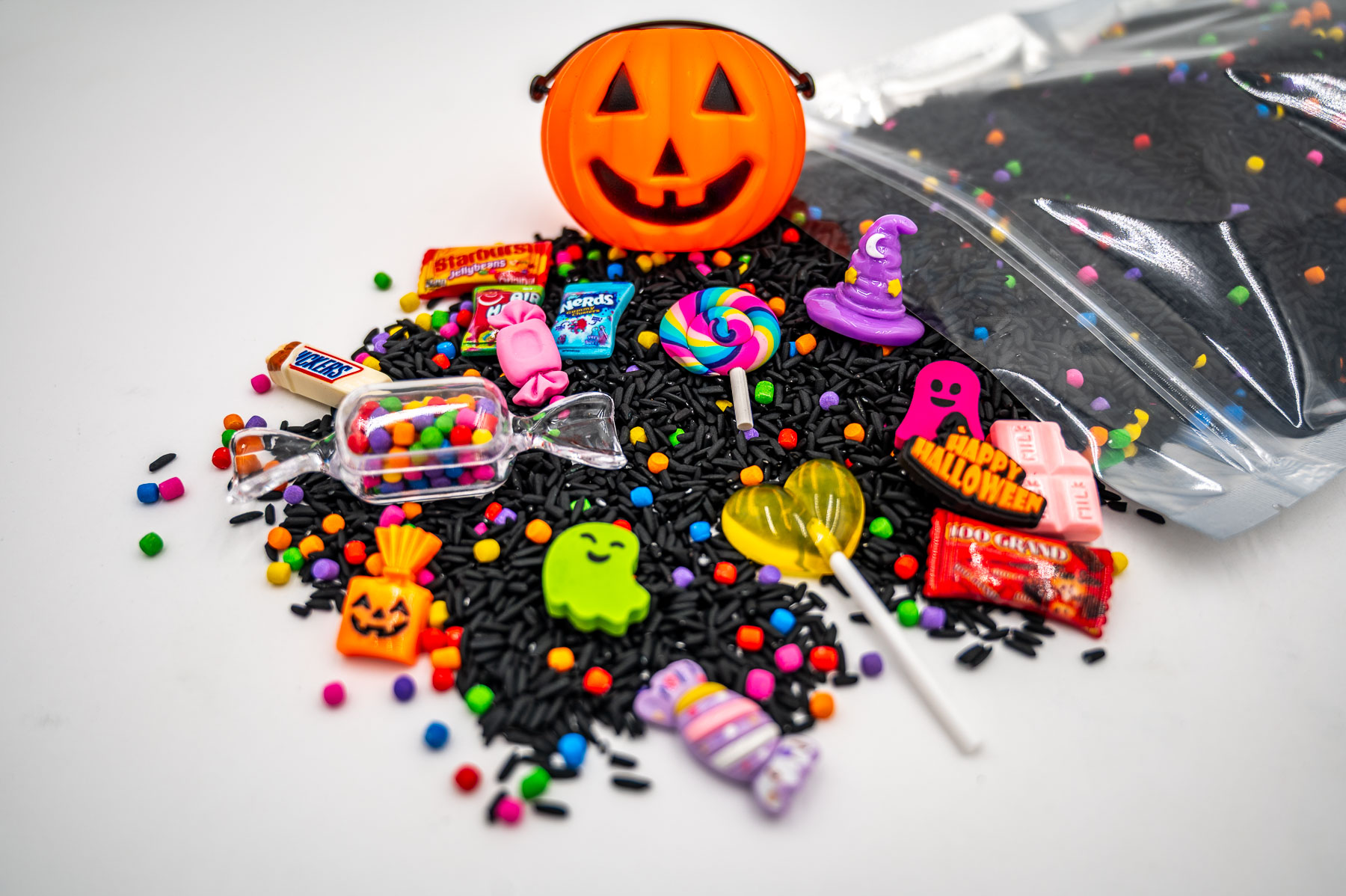 Trick-Or-treat budget bag-23 Trick-or-Treat Budget Bag with black rice, rainbow couscous, jack-o'-lantern container, pretend candy, Halloween charms, and ghost eraser