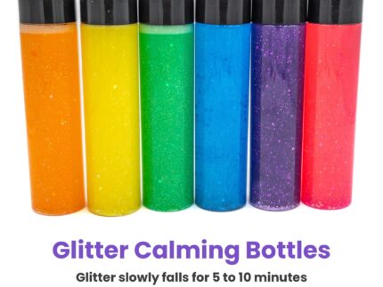Six glitter calming bottles in pink, orange, yellow, green, blue, and purple with sparkly glitter