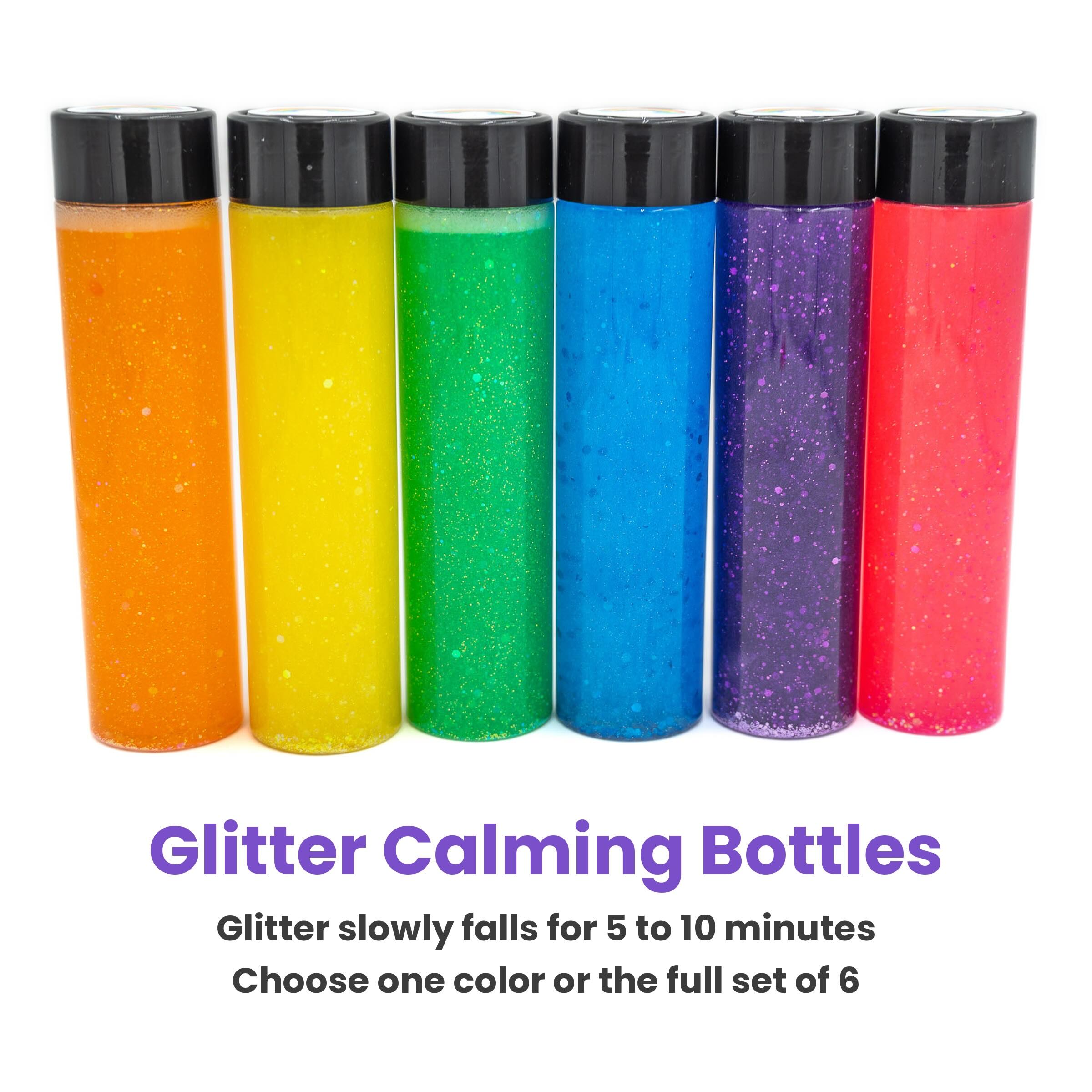 glitter-calming-bottle-square Six glitter calming bottles in pink, orange, yellow, green, blue, and purple with sparkly glitter