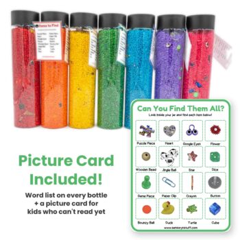 I Spy Bottles filled with rainbow colored rice and hidden items, with laminated word lists and picture cards