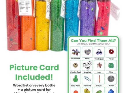 I Spy Bottles filled with rainbow colored rice and hidden items, with laminated word lists and picture cards