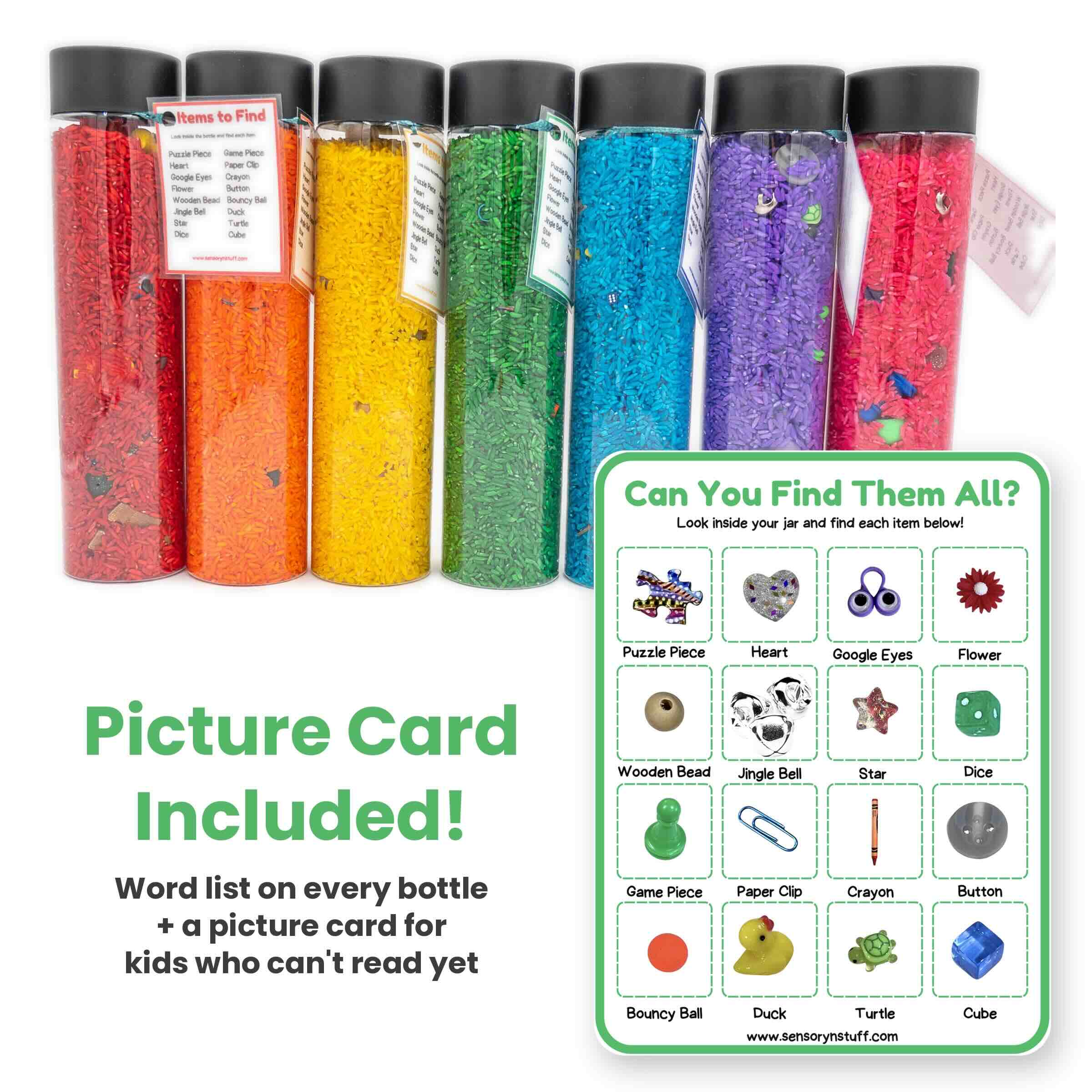 i-spy-bottle-rainbow-rice-square I Spy Bottles filled with rainbow colored rice and hidden items, with laminated word lists and picture cards